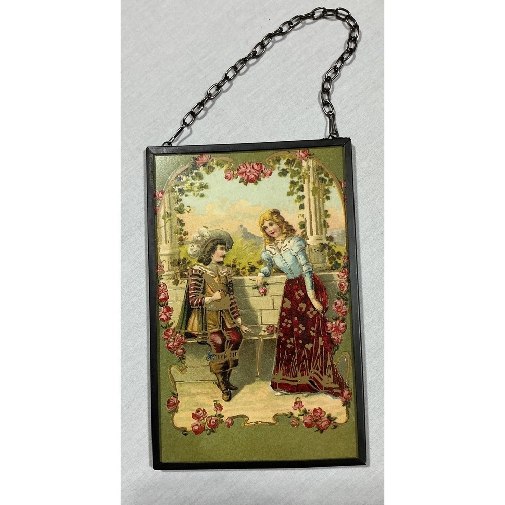 Antique 1911 Framed Postcard Victorian Couple Roses Hanging Wall Decor